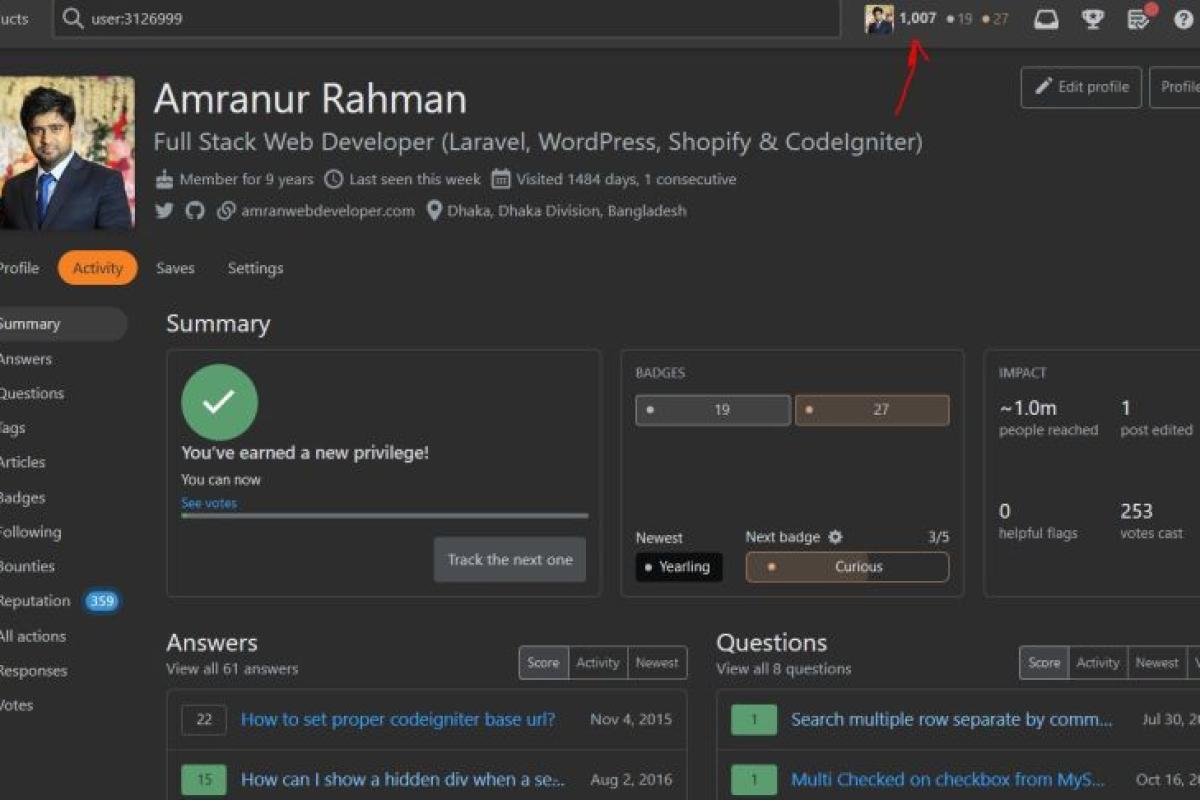 1K+ reputation in StackOverflow.