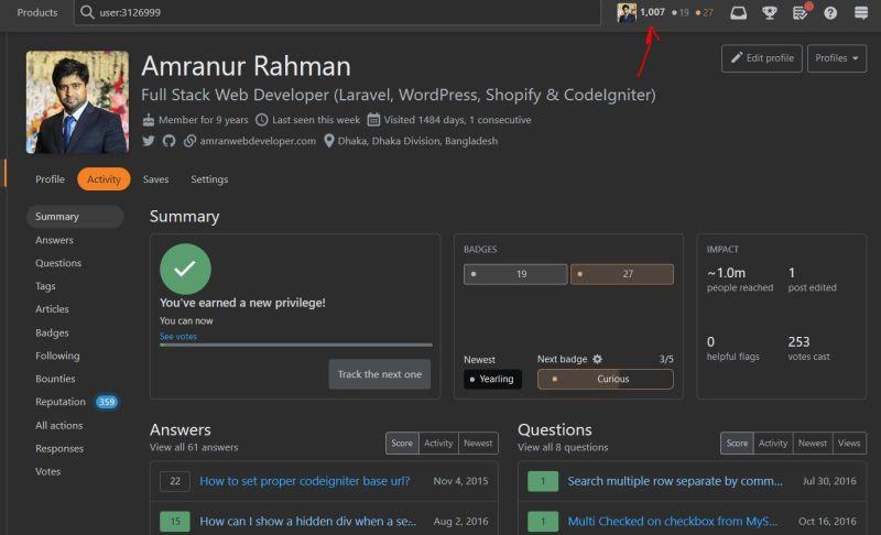1K+ reputation in StackOverflow.